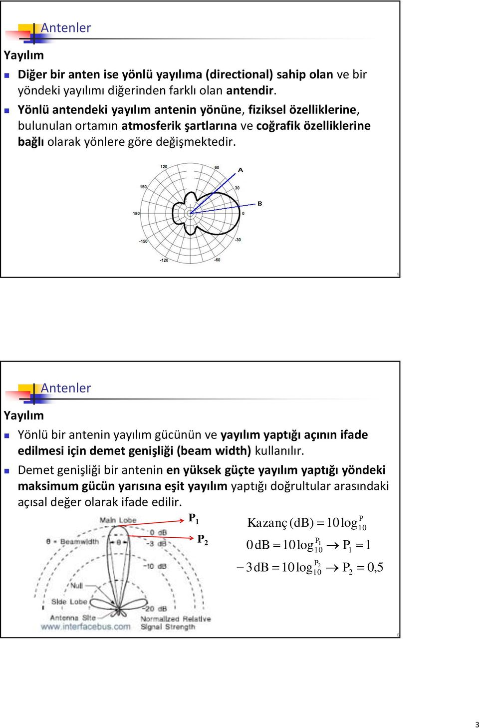 5 Yayılım Antenler Yönlü bir antenin yayılım gücünün ve yayılım yaptığı açının ifade edilmesi için demet genişliği (beam width) kullanılır.