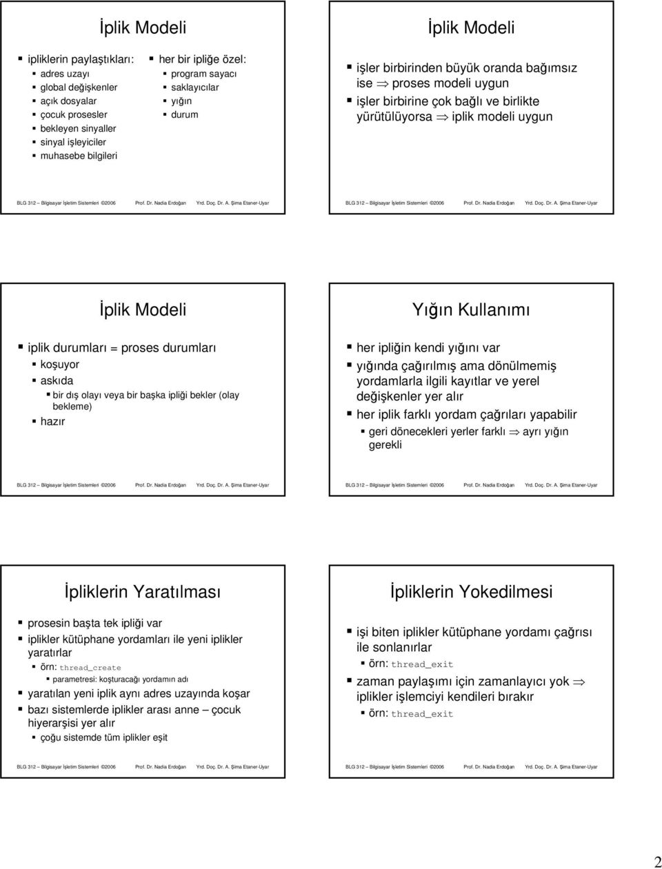 olayı veya bir başka ipliği bekler (olay bekleme) hazır Yığın Kullanımı her ipliğin kendi yığını var yığında çağırılmış ama dönülmemiş yordamlarla ilgili kayıtlar ve yerel değişkenler yer alır her