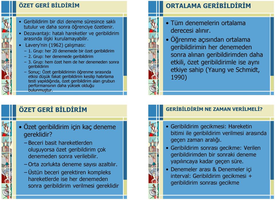 Grup: hem özet hem de her denemeden sonra geribildirim Sonuç: Özet geribildirimin öğrenme sırasında etkisi düşük fakat geribildirim kesilip hatırlama testi yapıldığında, özet geribildirim alan grubun