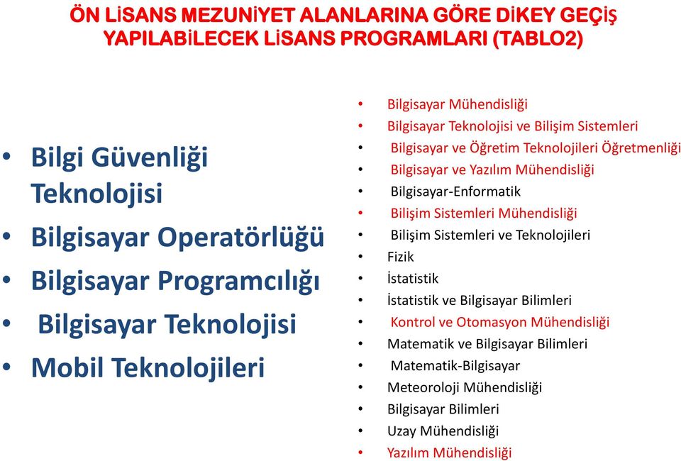 Bilgisayar ve Yazılım Mühendisliği Bilgisayar-Enformatik Bilişim Sistemleri Mühendisliği Bilişim Sistemleri ve Teknolojileri Fizik İstatistik İstatistik ve Bilgisayar