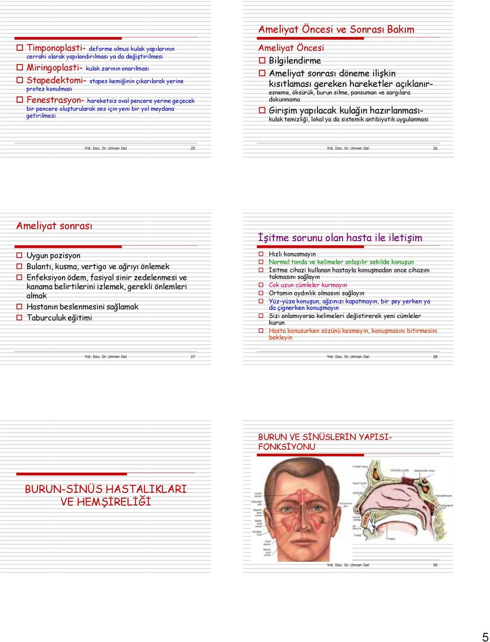 Ameliyat sonrası döneme ilişkin kısıtlaması gereken hareketler açıklanıresneme, öksürük, burun silme, pansuman ve sargılara dokunmama Girişim yapılacak kulağın hazırlanmasıkulak temizliği, lokal ya