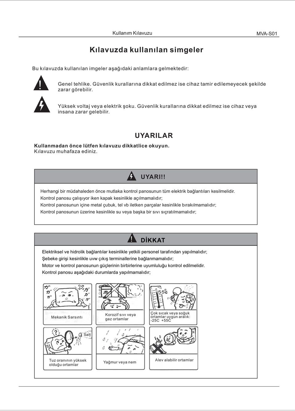 UYARI!! Herhangi bir müdahaleden önce mutlaka kontrol panosunun tüm elektrik bağlantıları kesilmelidir.