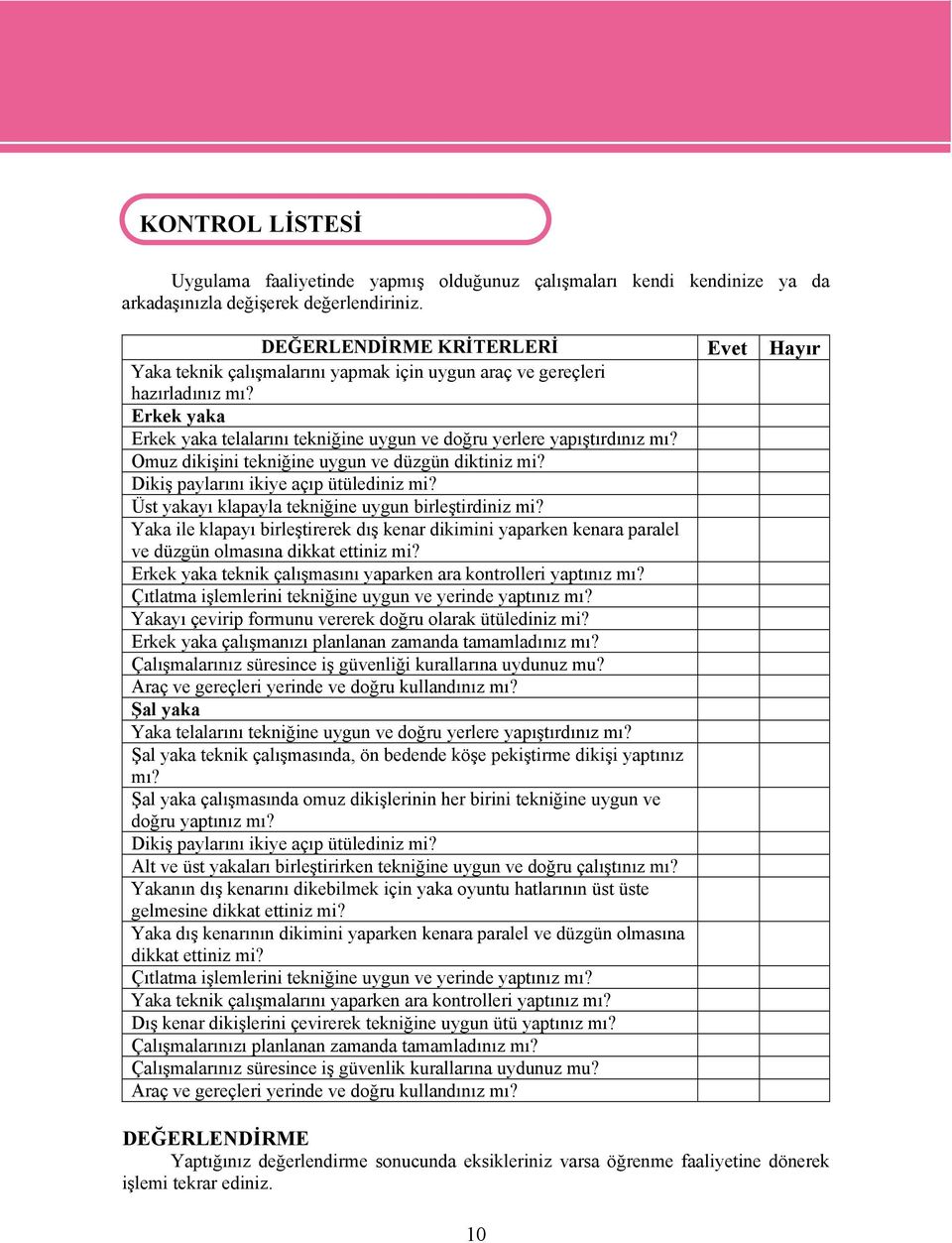 Omuz dikişini tekniğine uygun ve düzgün diktiniz mi? Dikiş paylarını ikiye açıp ütülediniz mi? Üst yakayı klapayla tekniğine uygun birleştirdiniz mi?