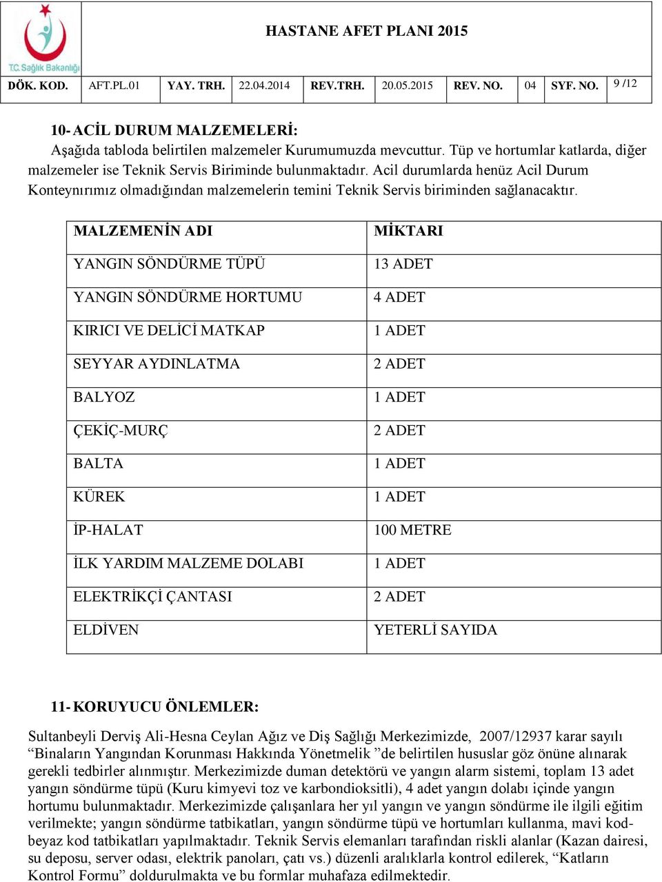 Acil durumlarda henüz Acil Durum Konteynırımız olmadığından malzemelerin temini Teknik Servis biriminden sağlanacaktır.