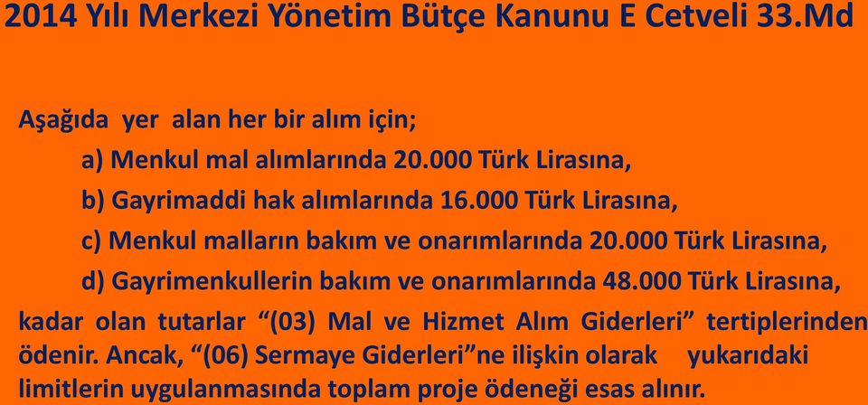 000 Türk Lirasına, d) Gayrimenkullerin bakım ve onarımlarında 48.