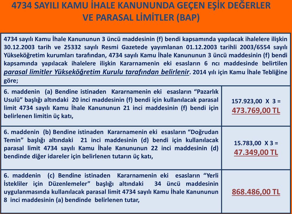 2003 tarihli 2003/6554 sayılı Yükseköğretim kurumları tarafından, 4734 sayılı Kamu İhale Kanununun 3 üncü maddesinin (f) bendi kapsamında yapılacak ihalelere ilişkin Kararnamenin eki esasların 6 ncı