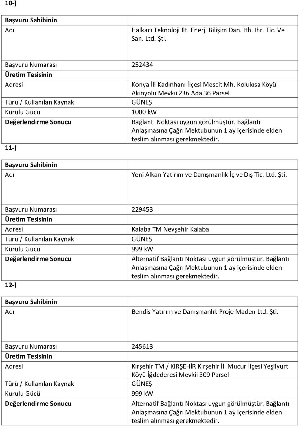 11-) Yeni Alkan Yatırım ve Danışmanlık İç ve Dış Tic. Ltd. Şti. Başvuru Numarası 229453 Kalaba TM Nevşehir Kalaba 999 kw Alternatif Bağlantı Noktası uygun görülmüştür.