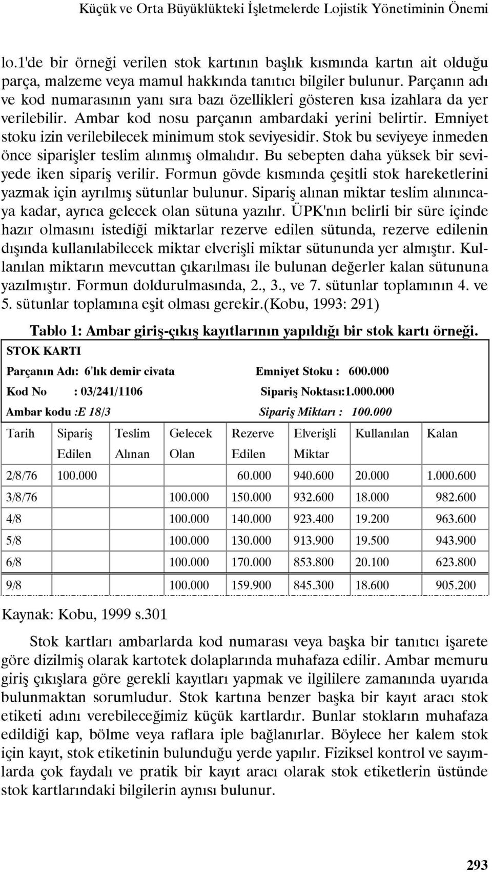 Parçanın adı ve kod numarasının yanı sıra bazı özellikleri gösteren kısa izahlara da yer verilebilir. Ambar kod nosu parçanın ambardaki yerini belirtir.