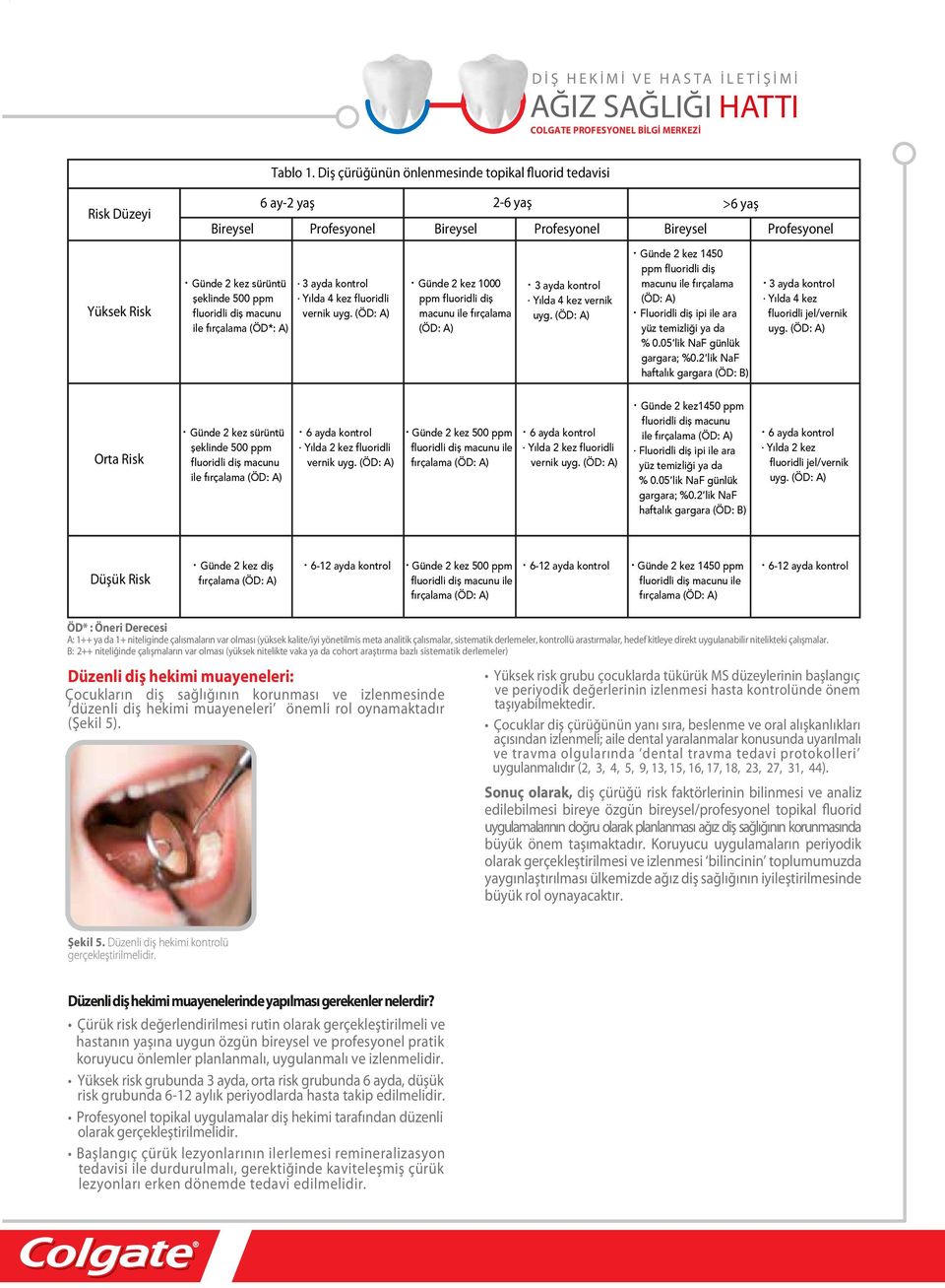 ppm fluoridli diş macunu ile fırçalama (ÖD*: A) 3 ayda kontrol Yılda 4 kez fluoridli vernik uyg.