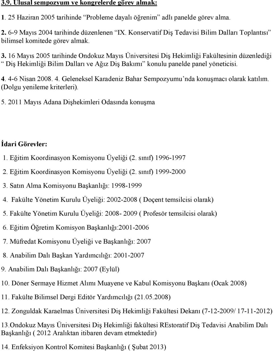 16 Mayıs 2005 tarihinde Ondokuz Mayıs Üniversitesi Diş Hekimliği Fakültesinin düzenlediği Diş Hekimliği Bilim Dalları ve Ağız Diş Bakımı konulu panelde panel yöneticisi. 4.