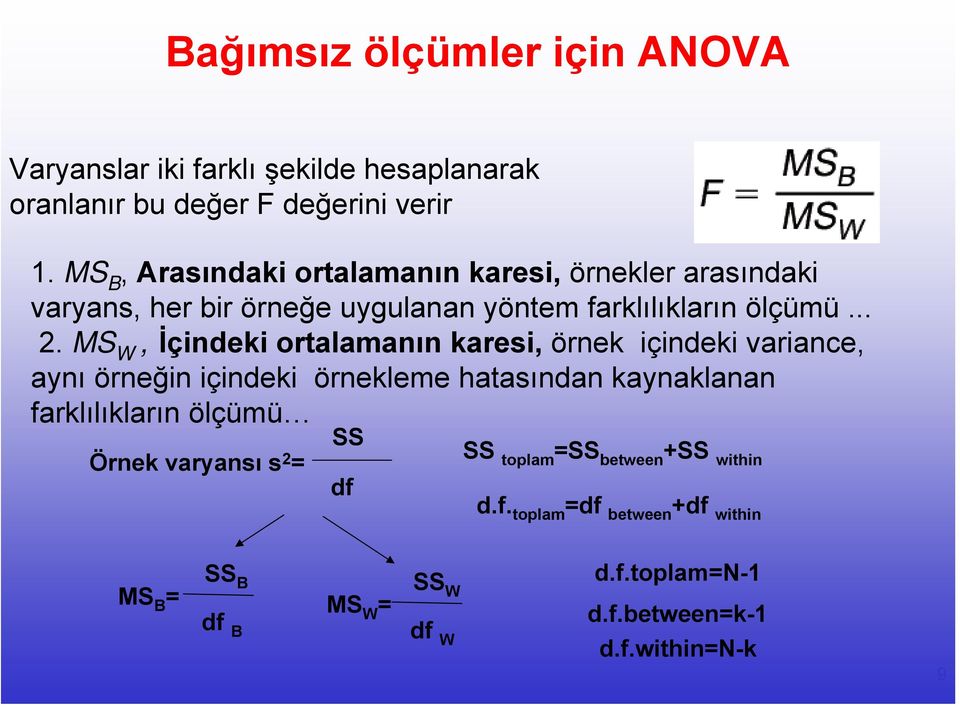 ... MS W, İçindeki ortalamanın karesi, örnek içindeki variance, aynı örneğin içindeki örnekleme hatasından kaynaklanan farklılıkların