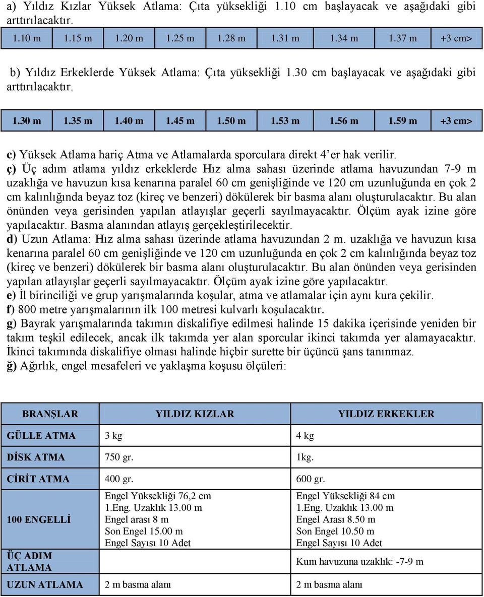 59 m +3 cm> c) Yüksek Atlama hariç Atma ve Atlamalarda sporculara direkt 4 er hak verilir.