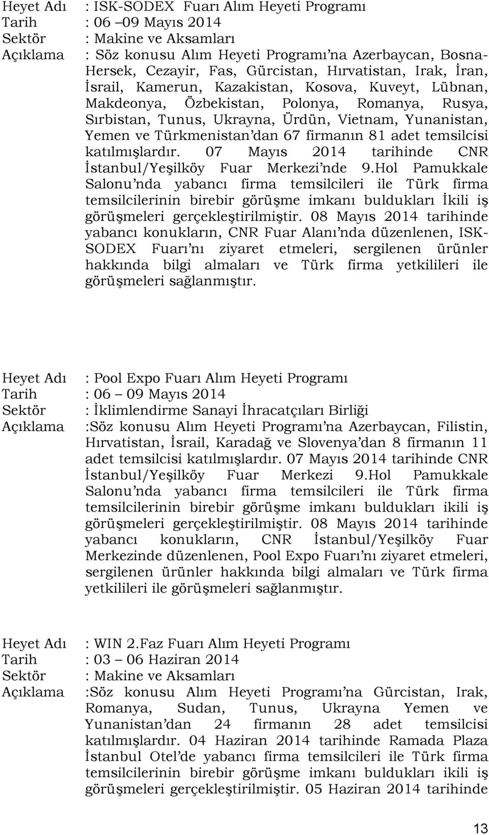 ve Türkmenistan dan 67 firmanın 81 adet temsilcisi katılmışlardır. 07 Mayıs 2014 tarihinde CNR İstanbul/Yeşilköy Fuar Merkezi nde 9.