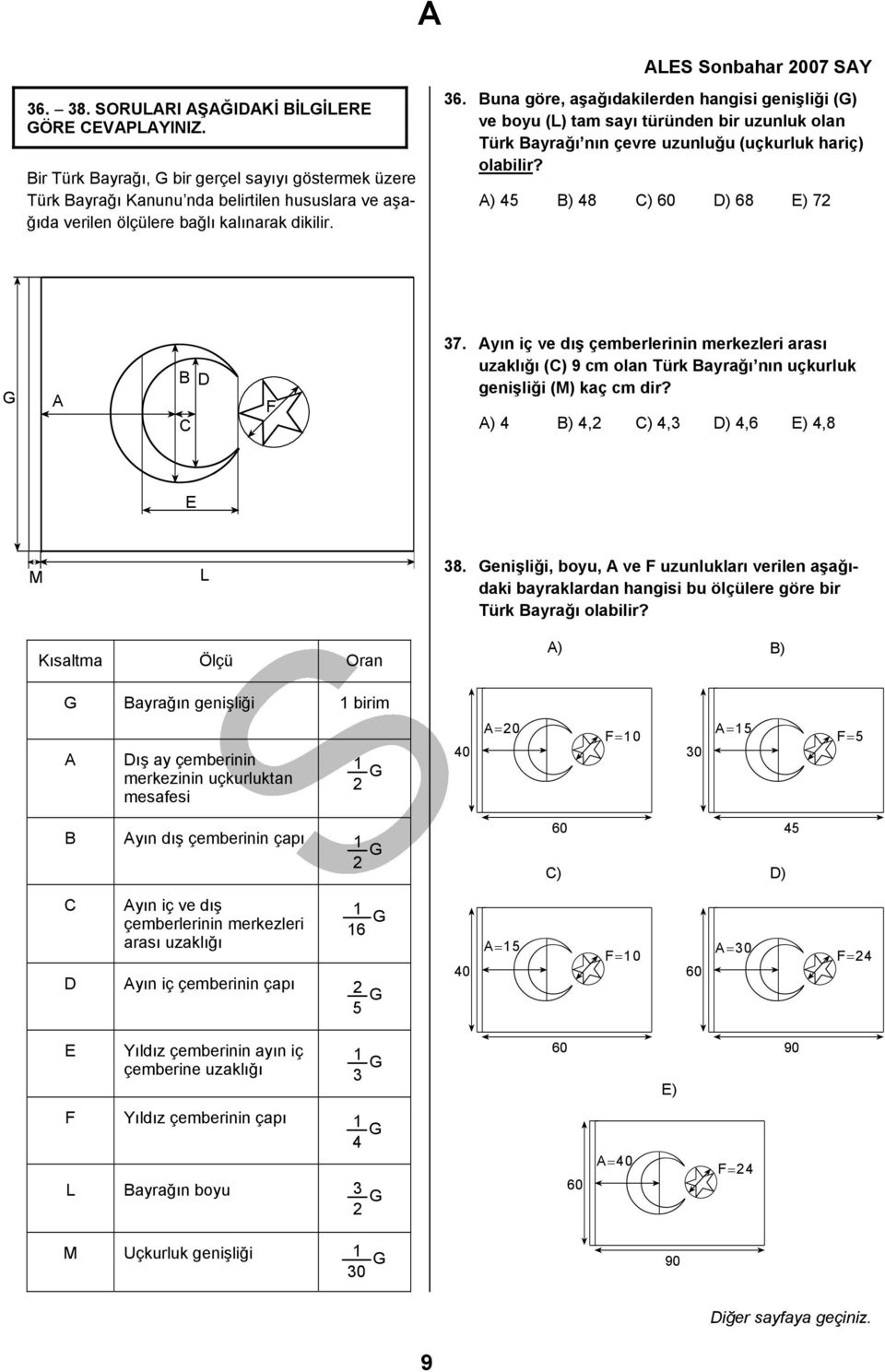 Buna göre, aşağıdakilerden hangisi genişliği (G) ve oyu (L) tam sayı türünden ir uzunluk olan Türk Bayrağı nın çevre uzunluğu (uçkurluk hariç) olailir? A) 4 B) 48 C) 60 D) 68 7 G A B D C F 7.