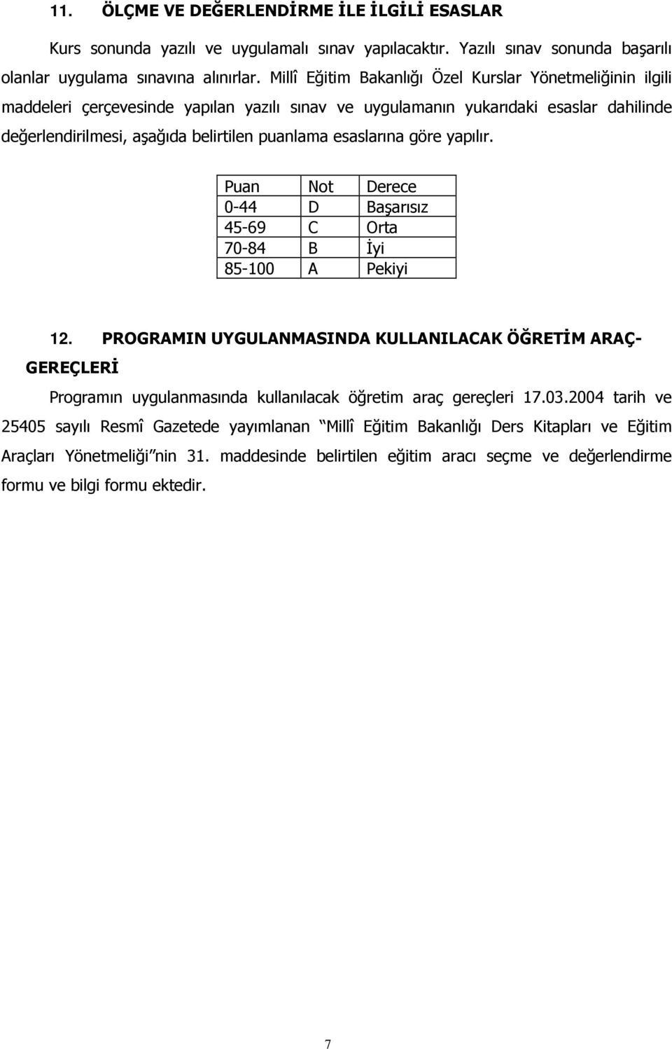 esaslarına göre yapılır. Puan Not Derece 0-44 D Başarısız 45-69 C Orta 70-84 B İyi 85-100 A Pekiyi 12.