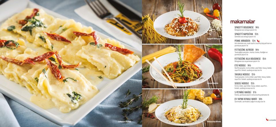 parmesan peyniri ile ETLİ NODDLE 14 Bonfile parçaları, kırmızı biber, yeşil biber, havuç, kabak, soya filizi, brokoli, aysberg ve soya sos ile TAVUKLU NODDLE 13 Tavuk parçaları, kırmızı biber, yeşil