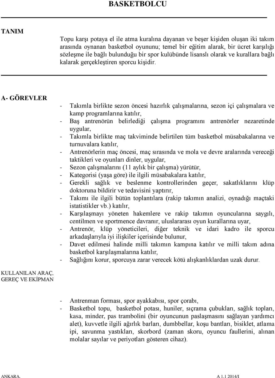 A- GÖREVLER - Takımla birlikte sezon öncesi hazırlık çalışmalarına, sezon içi çalışmalara ve kamp programlarına katılır, - Baş antrenörün belirlediği çalışma programını antrenörler nezaretinde