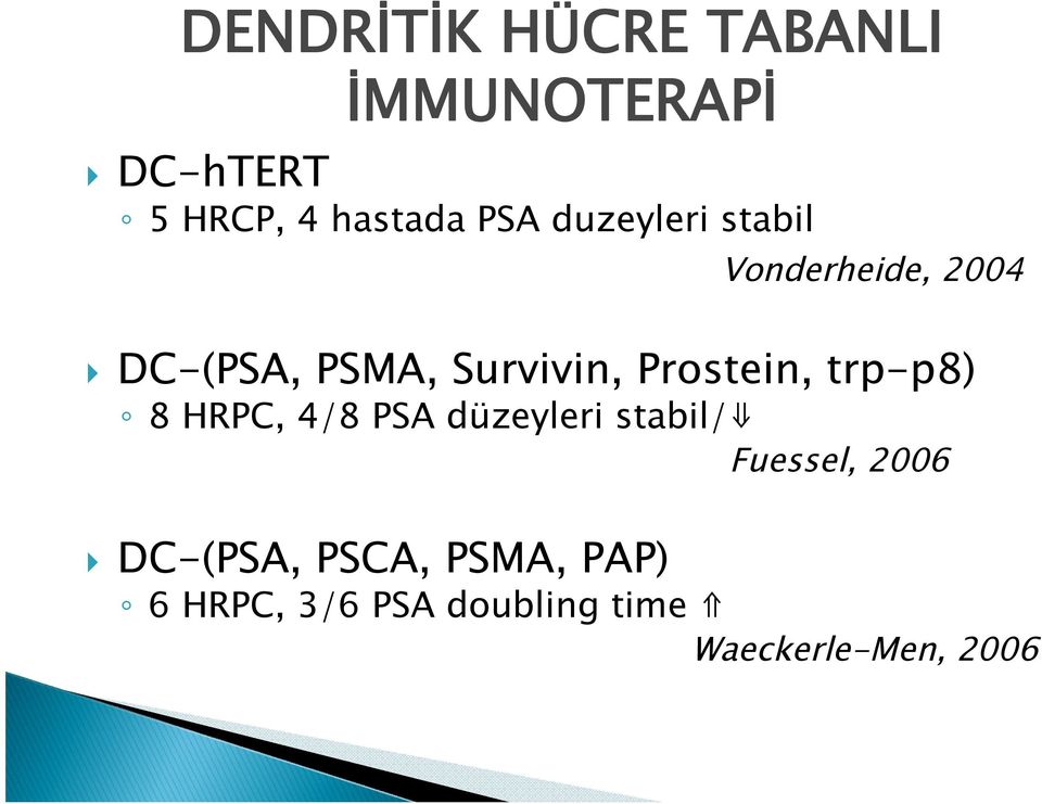 Prostein, trp-p8) 8 HRPC, 4/8 PSA düzeyleri stabil/ Fuessel, 2006