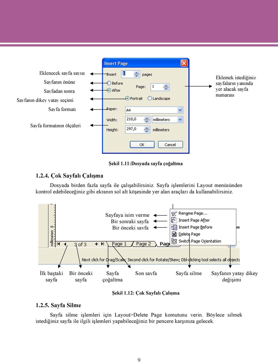 Sayfa işlemlerini Layout menüsünden kontrol edebileceğiniz gibi ekranın sol alt köşesinde yer alan araçları da kullanabilirsiniz.