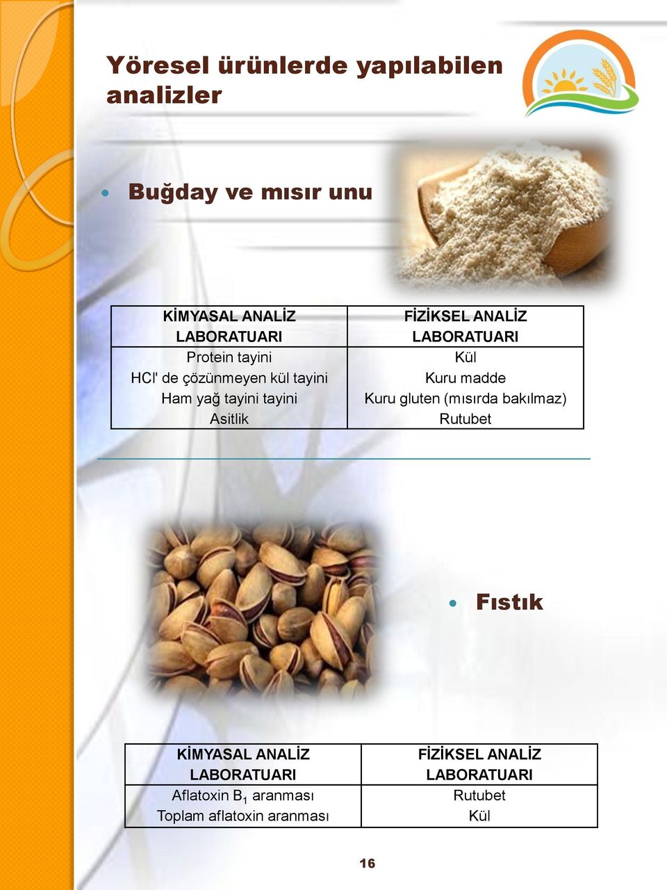 FĠZĠKSEL ANALĠZ Kül Kuru madde Kuru gluten (mısırda bakılmaz) Rutubet Fıstık