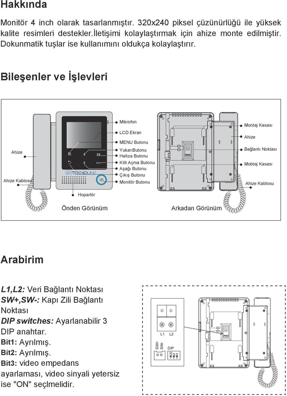 Bileşenler ve İşlevleri Ahize Ahize Kablosu Mikrofon LCD Ekran MENU Butonu YukarıButonu Hafıza Butonu Kilit Açma Butonu Aşağı Butonu Çıkış Butonu Monitör Butonu Montaj Kasası Ahize Bağlantı