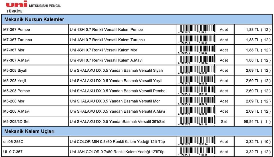 5 Yandan Basmalı Versatil Siyah Adet 2,69 TL ( 12 ) M5-208 Yeşil Uni SHALAKU DX 0.5 Yandan Basmalı Versatil Yeşil Adet 2,69 TL ( 12 ) M5-208 Pembe Uni SHALAKU DX 0.