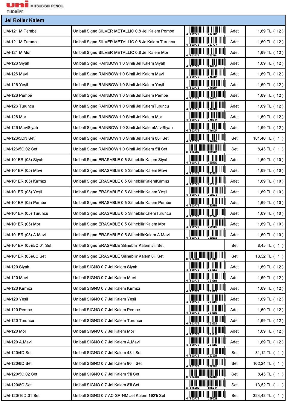 0 Simli Jel Kalem Mavi Adet 1,69 TL ( 12 ) UM-126 Yeşil Uniball Signo RAINBOW 1.0 Simli Jel Kalem Yeşil Adet 1,69 TL ( 12 ) UM-126 Pembe Uniball Signo RAINBOW 1.