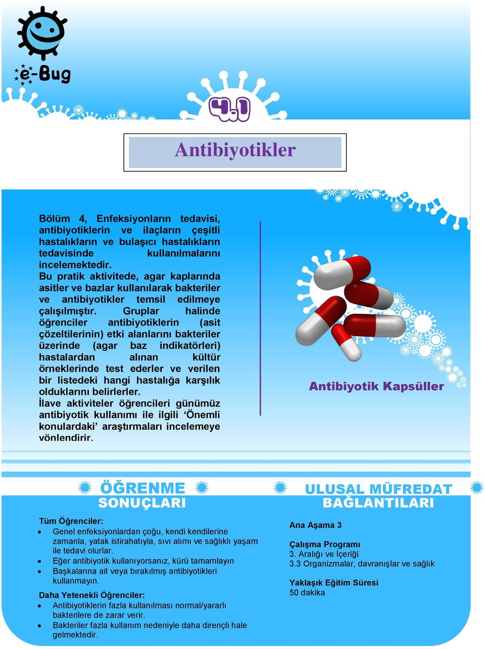 Gruplar halinde öğrenciler antibiyotiklerin (asit çözeltilerinin) etki alanlarını bakteriler üzerinde (agar baz indikatörleri) hastalardan alınan kültür örneklerinde test ederler ve verilen bir