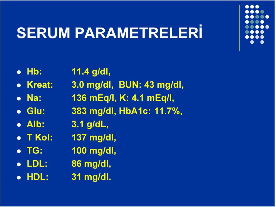 1 meq/l, Glu: 383 mg/dl, HbA1c: 11.7%, Alb: 3.