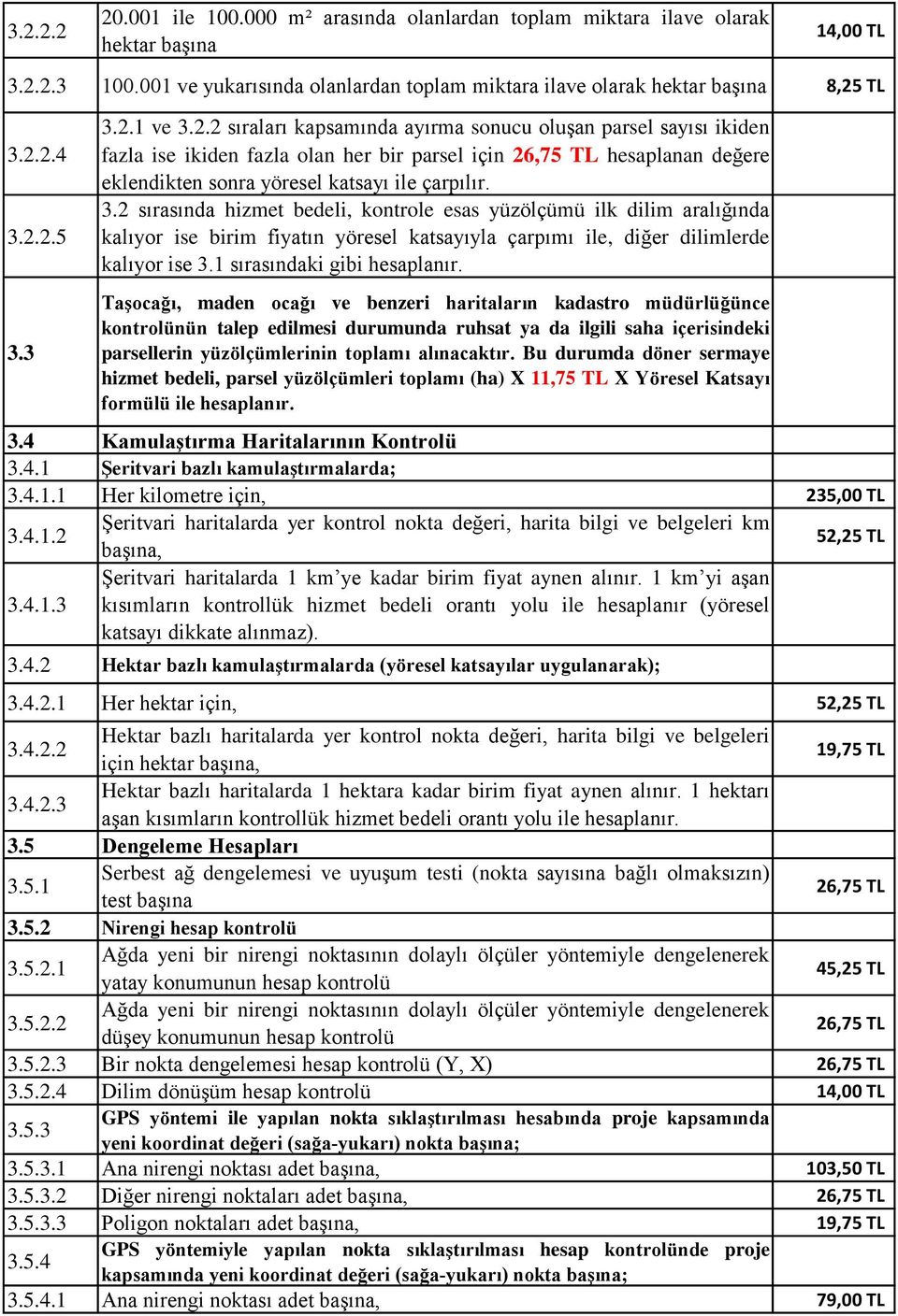 3.2 sırasında hizmet bedeli, kontrole esas yüzölçümü ilk dilim aralığında kalıyor ise birim fiyatın yöresel katsayıyla çarpımı ile, diğer dilimlerde kalıyor ise 3.1 sırasındaki gibi hesaplanır.