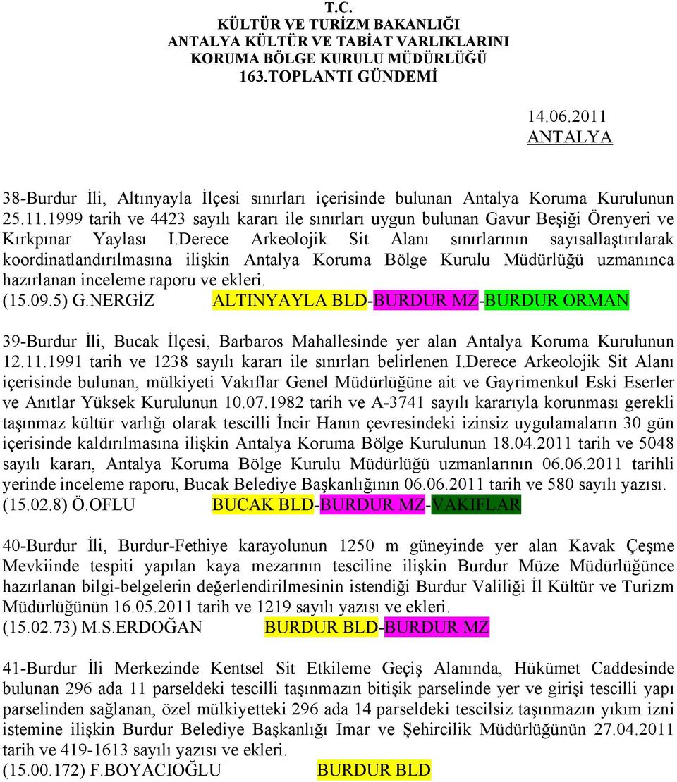 NERGİZ ALTINYAYLA BLD-BURDUR MZ-BURDUR ORMAN 39-Burdur İli, Bucak İlçesi, Barbaros Mahallesinde yer alan Antalya Koruma Kurulunun 12.11.1991 tarih ve 1238 sayılı kararı ile sınırları belirlenen I.