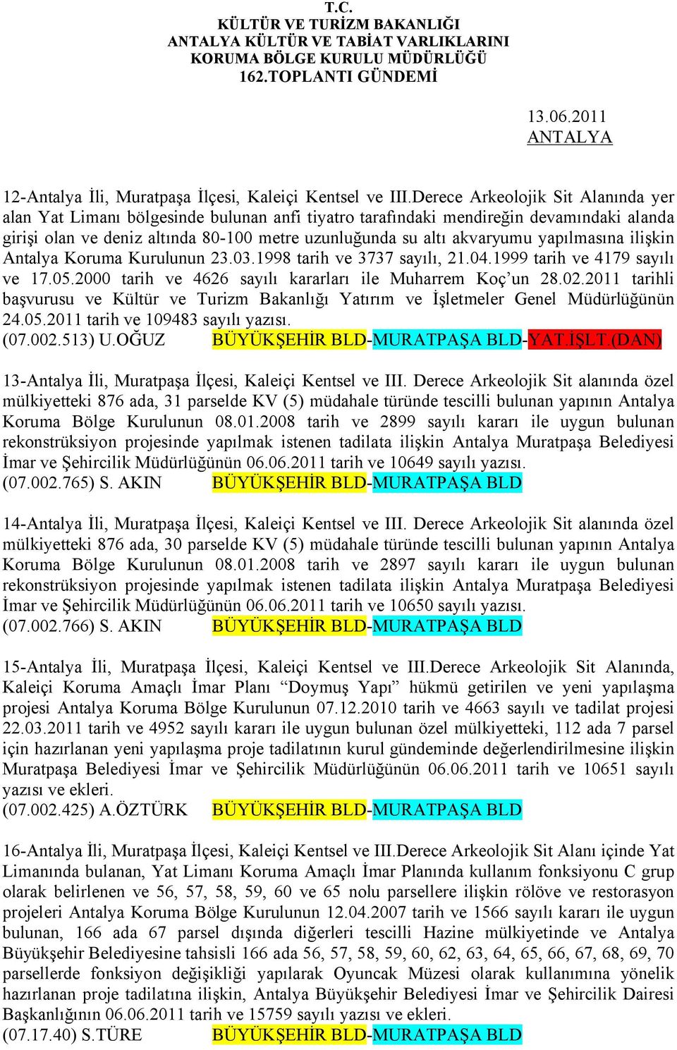 yapılmasına ilişkin Antalya Koruma Kurulunun 23.03.1998 tarih ve 3737 sayılı, 21.04.1999 tarih ve 4179 sayılı ve 17.05.2000 tarih ve 4626 sayılı kararları ile Muharrem Koç un 28.02.