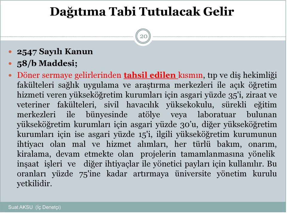 bulunan yükseköğretim kurumları için asgari yüzde 30 u, diğer yükseköğretim kurumları için ise asgari yüzde 15'i, ilgili yükseköğretim kurumunun ihtiyacı olan mal ve hizmet alımları, her türlü bakım,