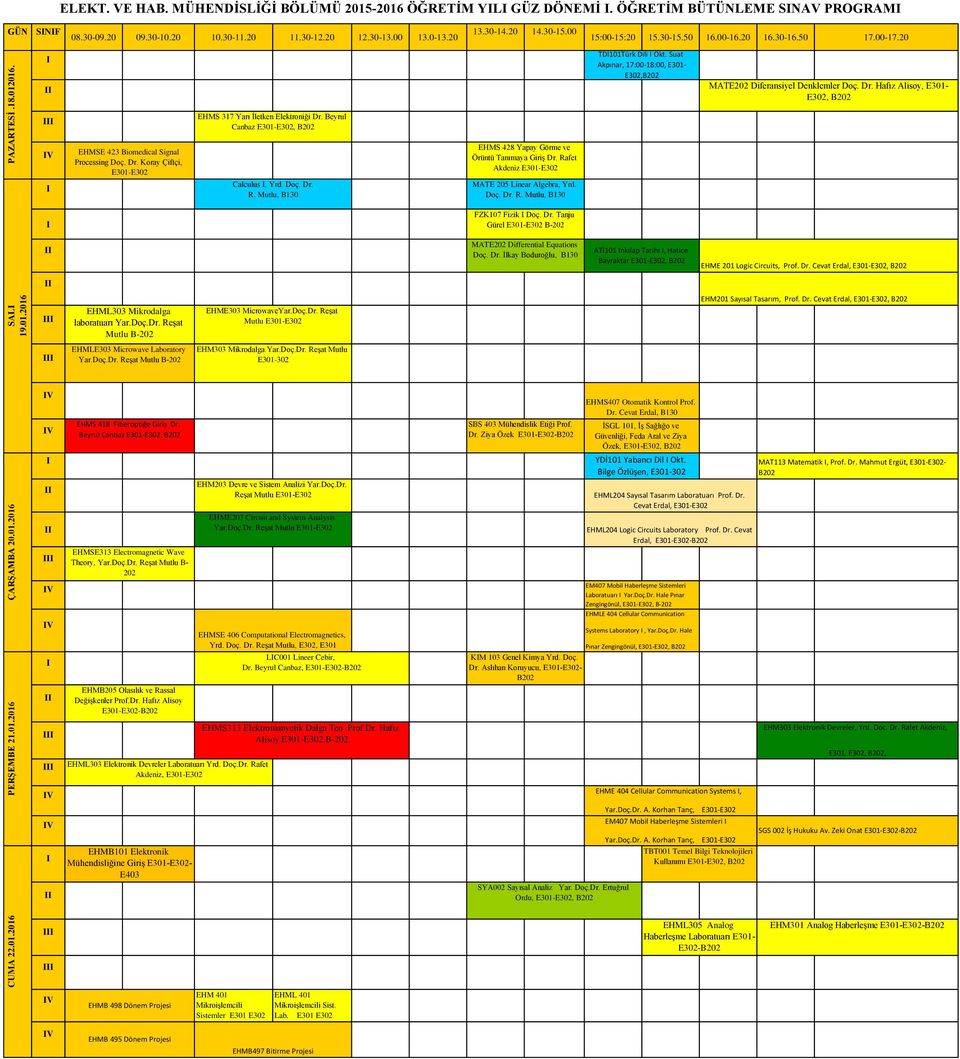 Dr. Koray Çiftçi, EHMS 317 Yarı İletken Elektroniği Dr. Beyrul Canbaz, Calculus, Yrd. Doç. Dr. R. Mutlu, B130 EHMS 428 Yapay Görme ve Örüntü Tanımaya Giriş Dr.