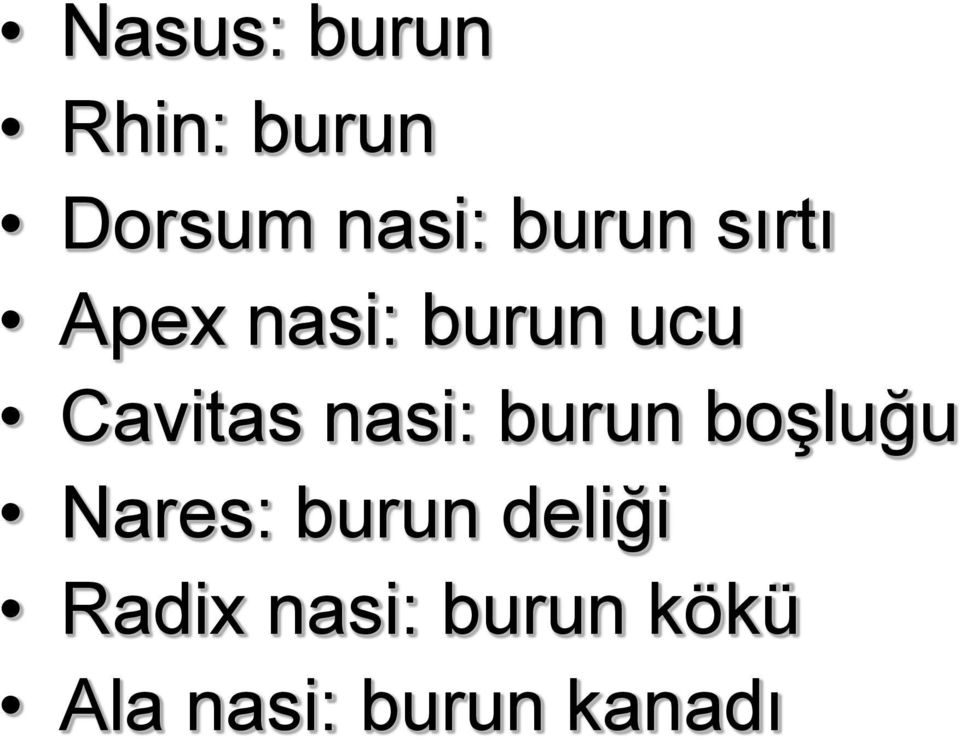 nasi: burun boşluğu Nares: burun deliği