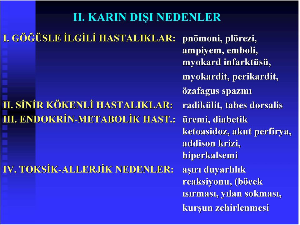 özafagus spazmı II. SİNİR S R KÖKENLK KENLİ HASTALIKLAR: III. ENDOKRİN-METABOL METABOLİK HAST.: K HAST.: üremi, IV.