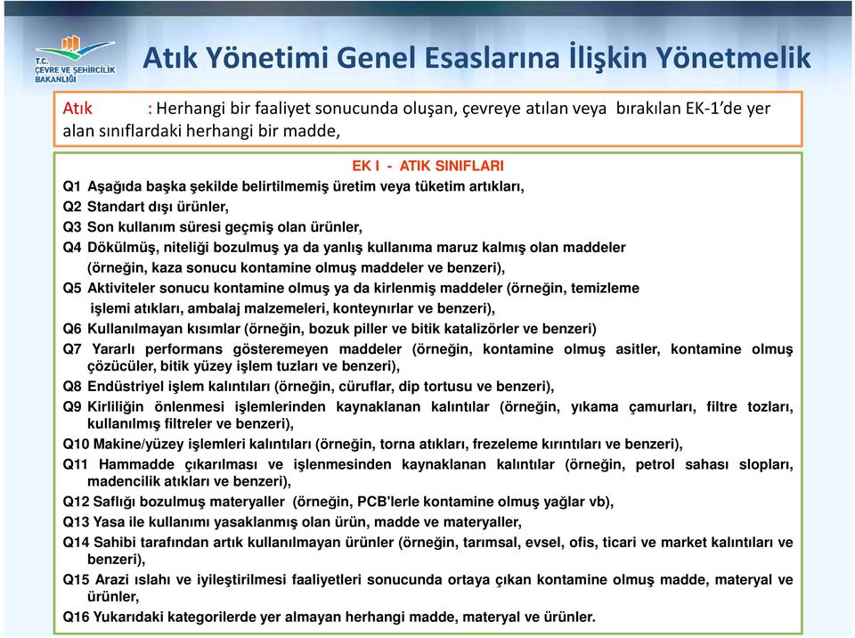 kalmış olan maddeler (örneğin, kaza sonucu kontamine olmuş maddeler ve benzeri), Q5 Aktiviteler sonucu kontamine olmuş ya da kirlenmiş maddeler (örneğin, temizleme işlemi atıkları, ambalaj