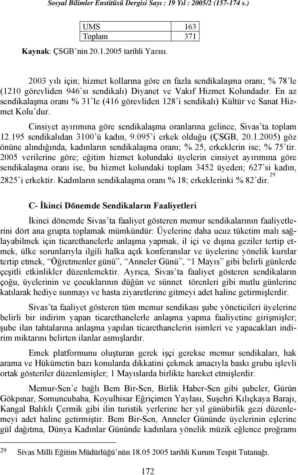 En az sendikalaşma oranı % 31 le (416 görevliden 128 i sendikalı) Kültür ve Sanat Hizmet Kolu dur. Cinsiyet ayırımına göre sendikalaşma oranlarına gelince, Sivas ta toplam 12.