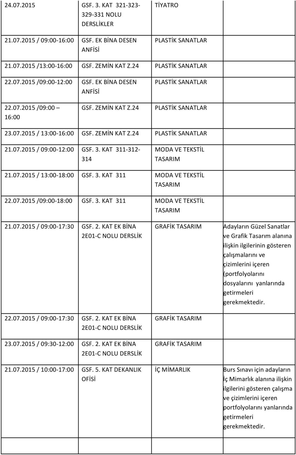 KAT 311-312- 314 MODA VE TEKSTİL TASARIM 21.07.2015 / 13:00-18:00 GSF. 3. KAT 311 MODA VE TEKSTİL TASARIM 22.07.2015 /09:00-18:00 GSF. 3. KAT 311 MODA VE TEKSTİL TASARIM 21.07.2015 / 09:00-17:30 GSF.