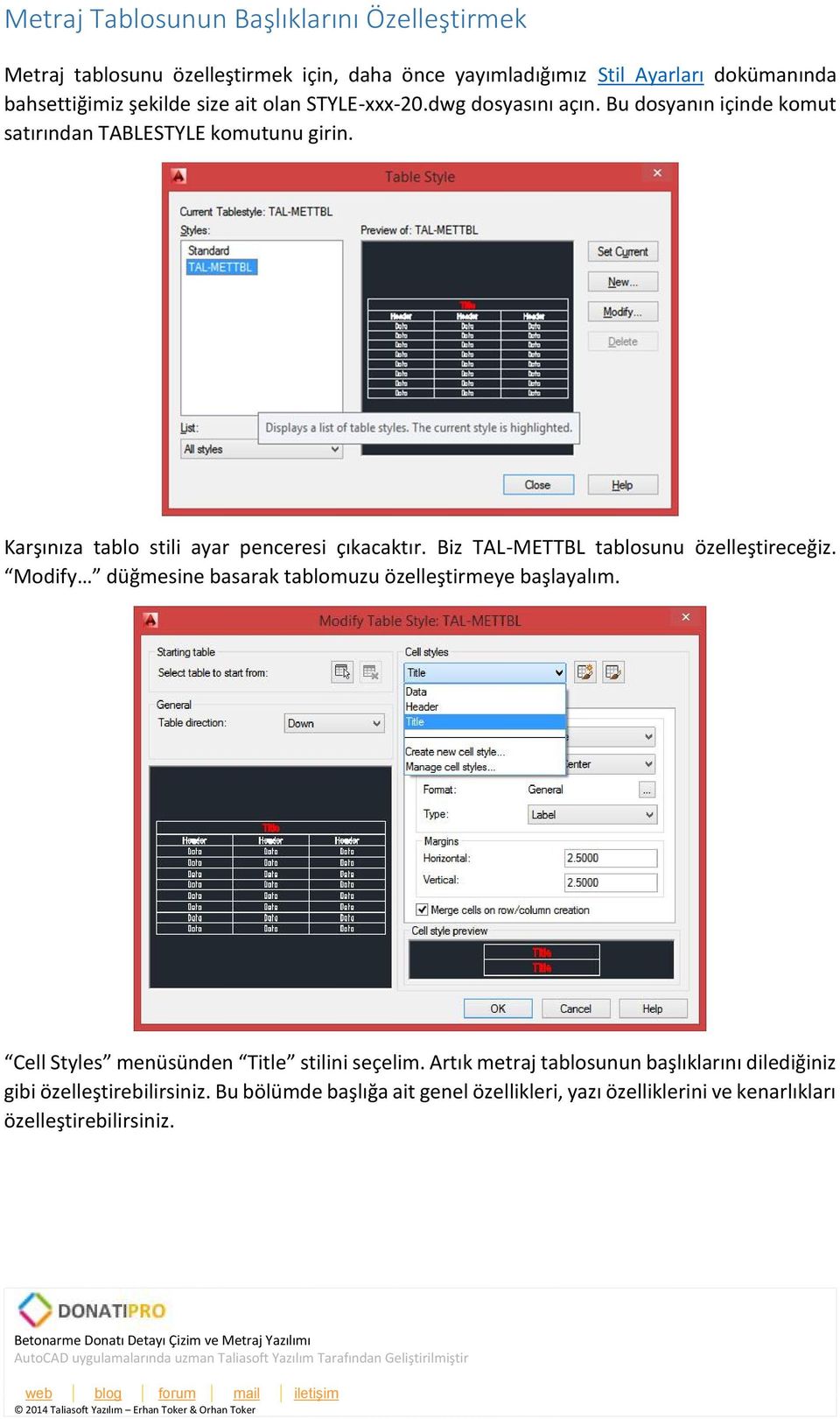 Biz TAL-METTBL tablosunu özelleştireceğiz. Modify düğmesine basarak tablomuzu özelleştirmeye başlayalım. Cell Styles menüsünden Title stilini seçelim.