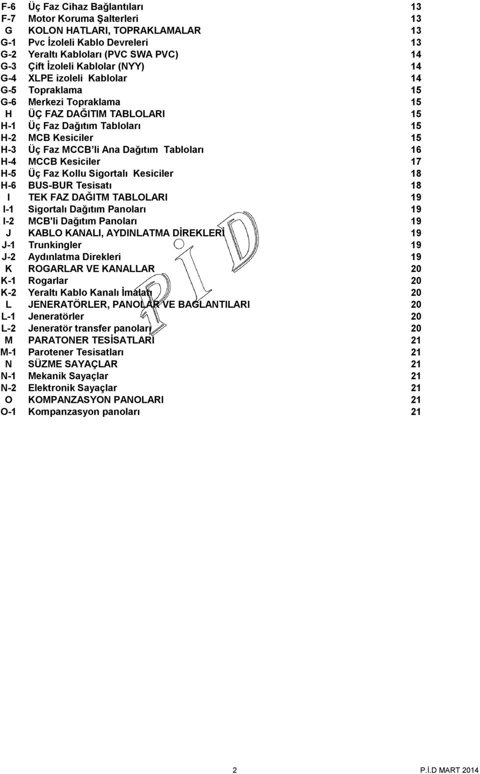 Tabloları 16 H-4 MCCB Kesiciler 17 H-5 Üç Faz Kollu Sigortalı Kesiciler 18 H-6 BUS-BUR Tesisatı 18 I TEK FAZ DAĞITM TABLOLARI 19 I-1 Sigortalı Dağıtım Panoları 19 I-2 MCB'li Dağıtım Panoları 19 J