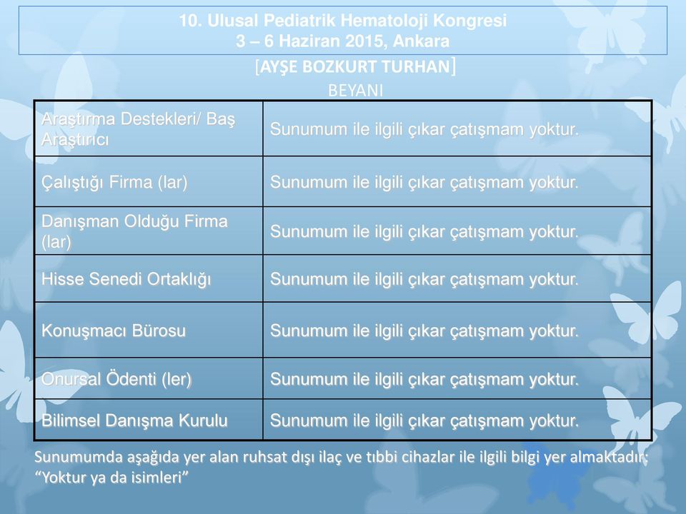 Çalıştığı Firma (lar) Danışman Olduğu Firma (lar) Hisse Senedi Ortaklığı Sunumum ile ilgili çıkar çatışmam yoktur.