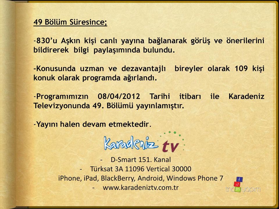 bireyler olarak 109 kişi -Programımızın 08/04/2012 Tarihi itibarı ile Karadeniz Televizyonunda 49.