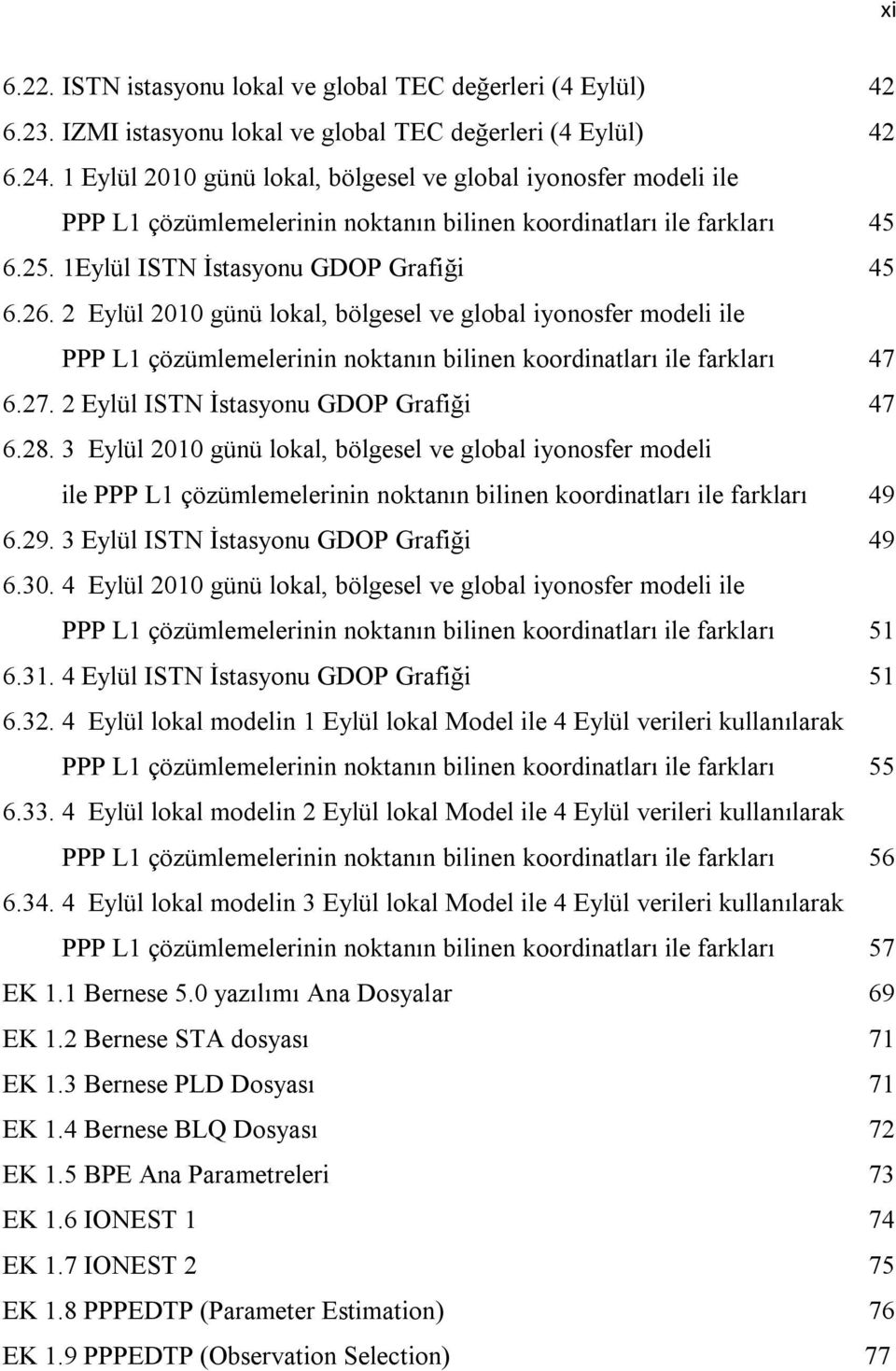 2 Eylül 2010 günü lokal, bölgesel ve global iyonosfer modeli ile PPP L1 çözümlemelerinin noktanın bilinen koordinatları ile farkları 47 6.27. 2 Eylül ISTN İstasyonu GDOP Grafiği 47 6.28.