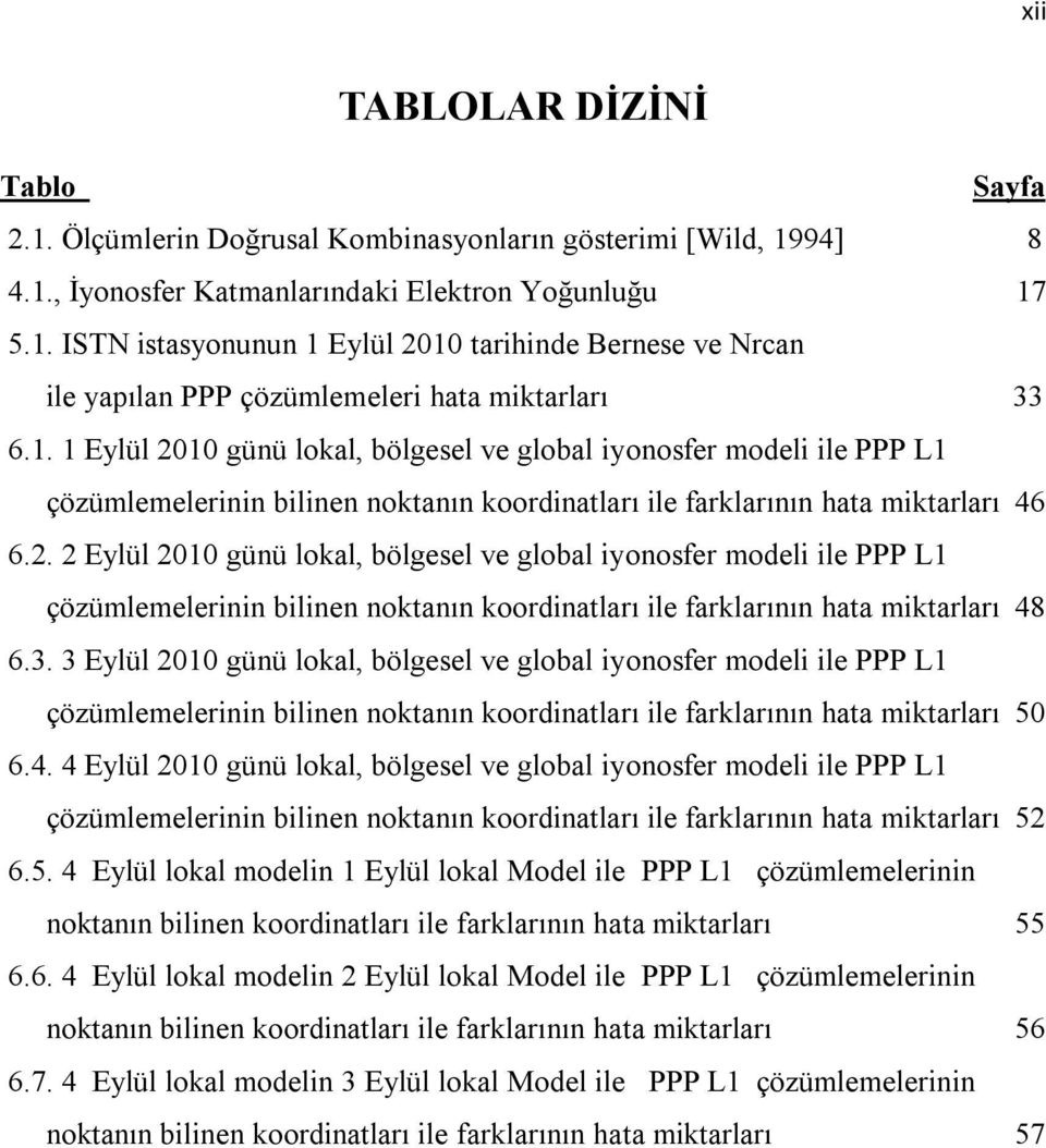 3. 3 Eylül 2010 günü lokal, bölgesel ve global iyonosfer modeli ile PPP L1 çözümlemelerinin bilinen noktanın koordinatları ile farklarının hata miktarları 50 6.4.