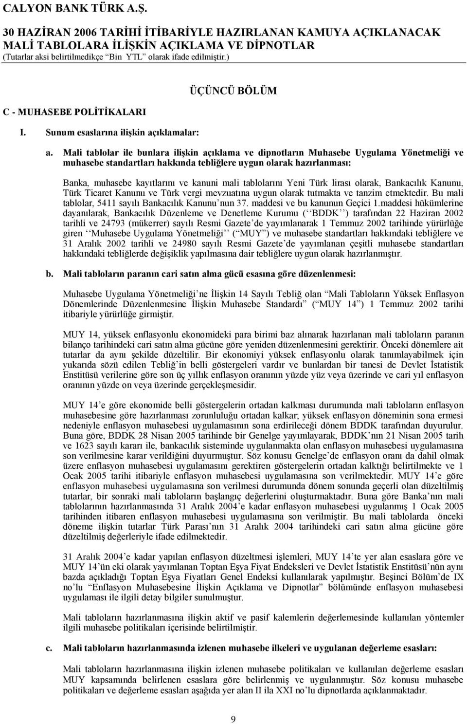 mali tablolarını Yeni Türk lirası olarak, Bankacılık Kanunu, Türk Ticaret Kanunu ve Türk vergi mevzuatına uygun olarak tutmakta ve tanzim etmektedir.