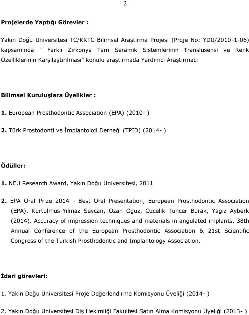 Türk Prostodonti ve İmplantoloji Derneği (TPİD) (2014- ) Ödüller: 1. NEU Research Award, Yakın Doğu Üniversitesi, 2011 2.