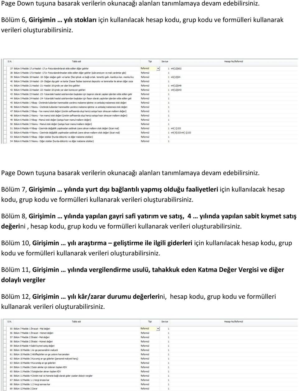 Bölüm 7, Girişimin yılında yurt dışı bağlantılı yapmış olduğu faaliyetleri için kullanılacak hesap kodu, grup kodu ve formülleri kullanarak verileri oluşturabilirsiniz.