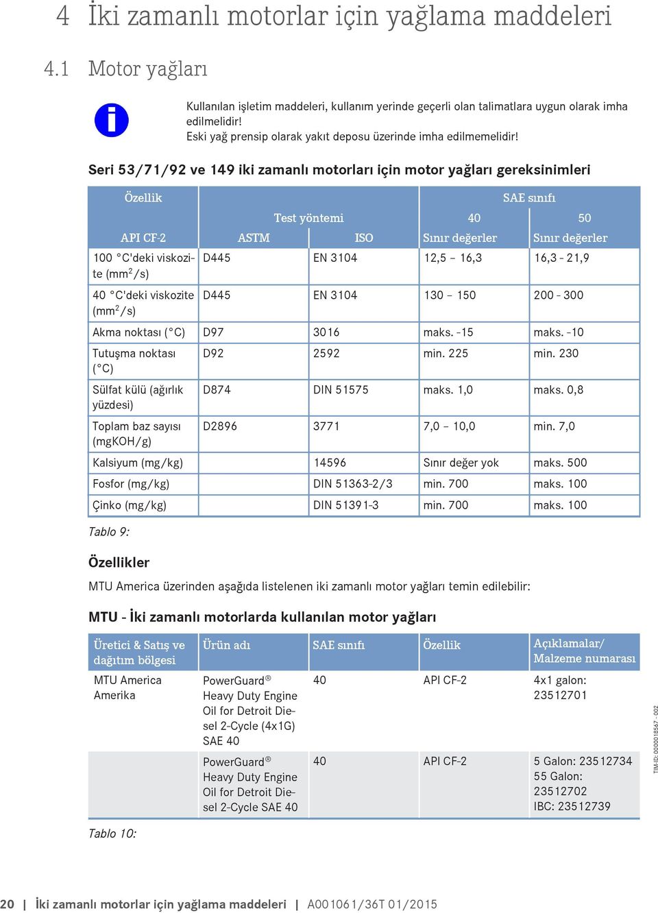 Seri 53/71/92 ve 149 iki zamanlı motorları için motor yağları gereksinimleri Özellik SAE sınıfı Test yöntemi 40 50 API CF-2 ASTM ISO Sınır değerler Sınır değerler 100 C'deki viskozite (mm 2 /s) 40