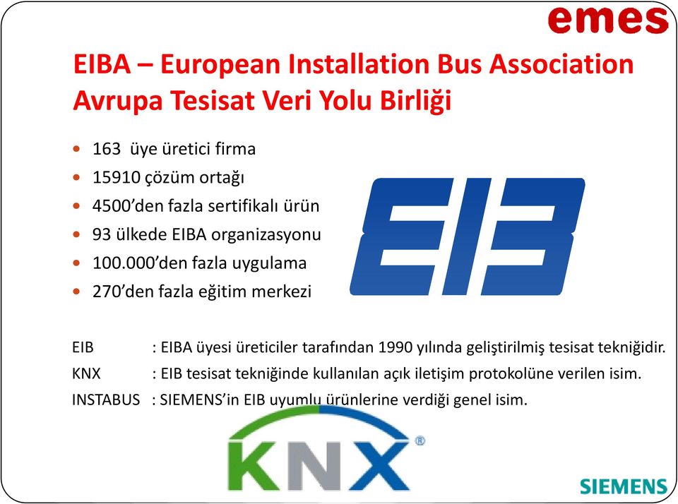 000 den fazla uygulama 270 den fazla eğitim merkezi EIB : EIBA üyesi üreticiler tarafından 1990 yılında